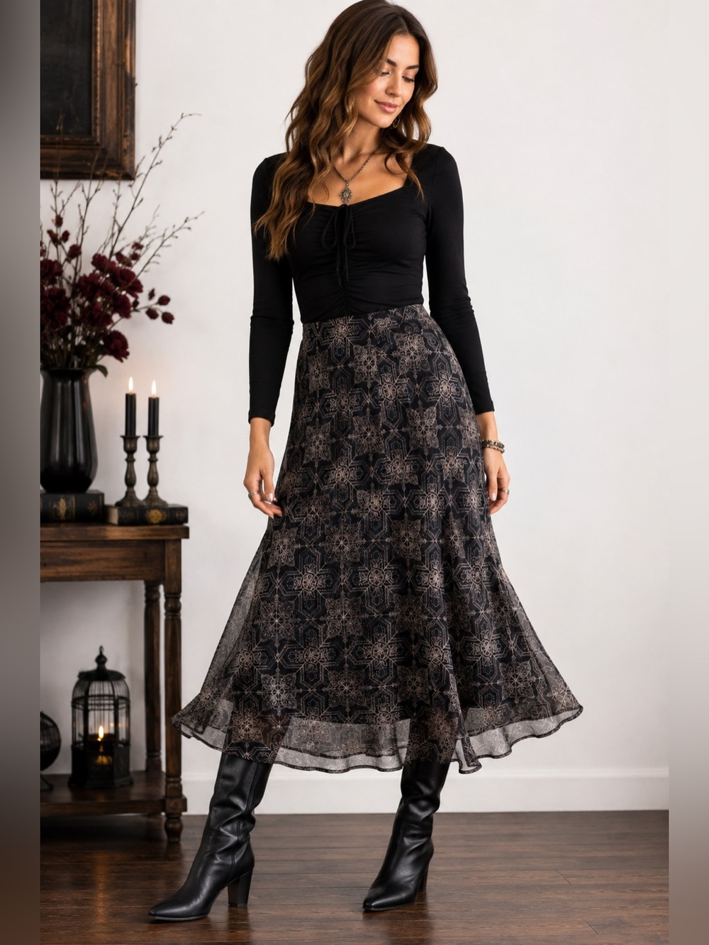Covington Black Sheer Overlay Midi Skirt Gothic Boho Size 12